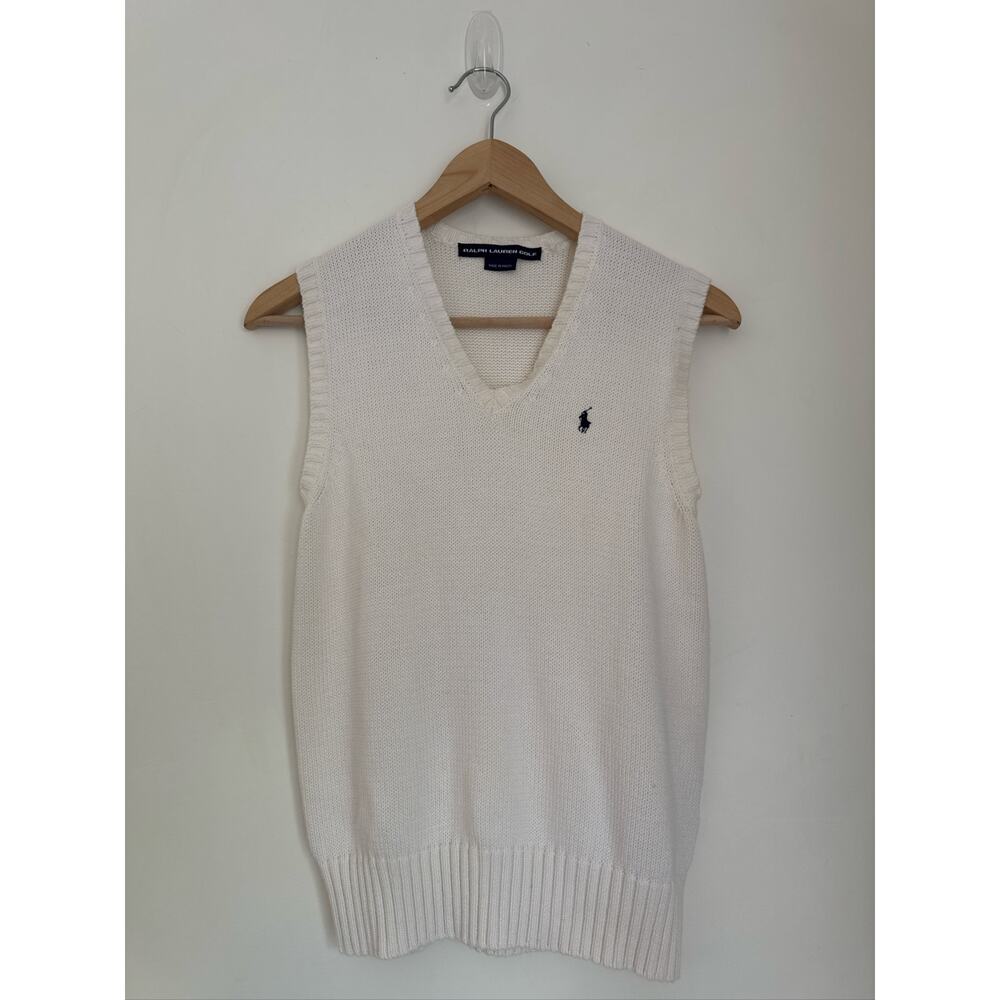 Ralph Lauren White V‑Neck Knit Sweater Vest with Navy Pony